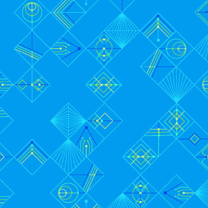 Deco Glo II Tiles in Acai features abstract geometric designs in royal blue, green, and yellow framed by light blue diamonds on a blue background.