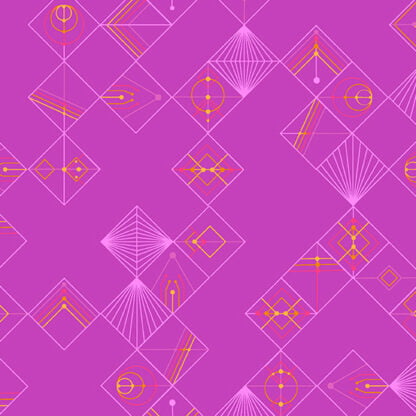 Deco Glo II Tiles in Slow Plum features abstract geometric designs in pink, yellow, and orange framed by lavender diamonds on a bright fuchsia background.