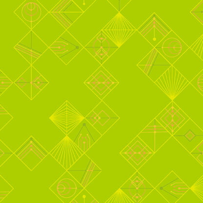 Deco Glo II Tiles in Lime features abstract geometric designs in yellow and orange framed by lime green diamonds on a bright green background.
