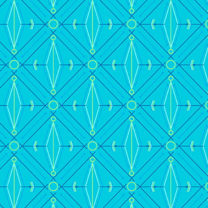 Deco Glo II Lotus in Boysenberry features green and blue diamonds, circles, and lines arranged in a grid across a light blue background.
