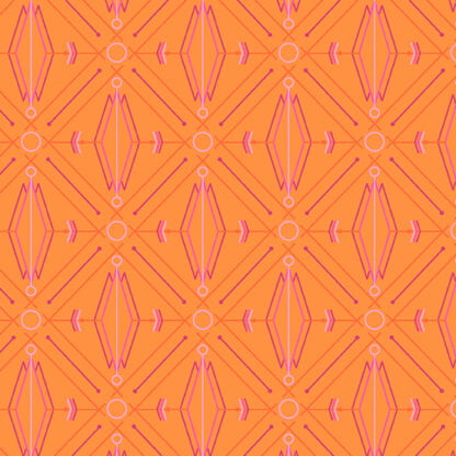 Deco Glo II Lotus in Mango features pink and purple diamonds, circles, and lines arranged in a grid across a bright orange background.