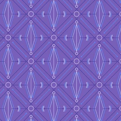 Deco Glo II Lotus in Concord features blue and lavender diamonds, circles, and lines arranged in a grid across a violet background.